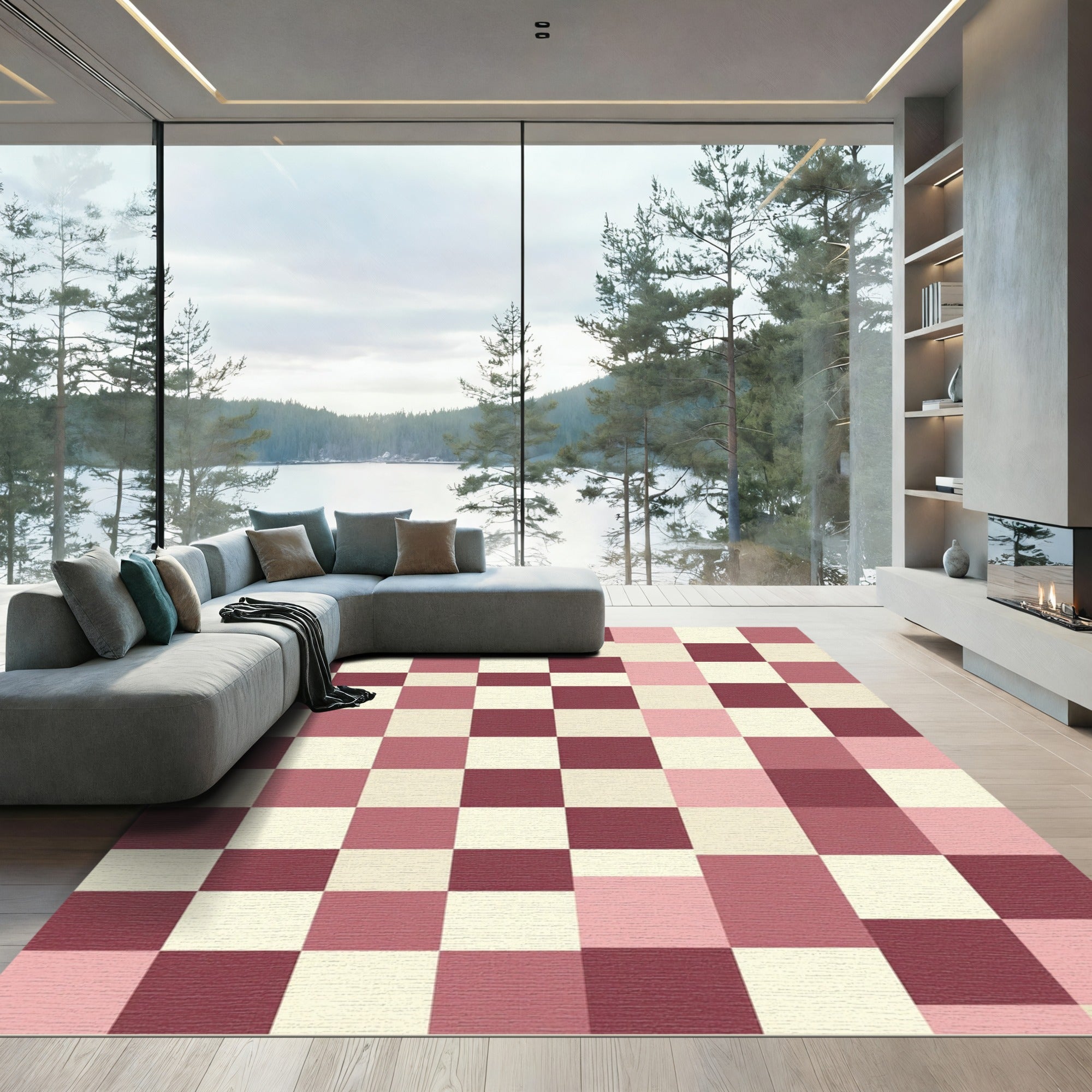 Modern Pink and Burgundy Checkered Grid Rug