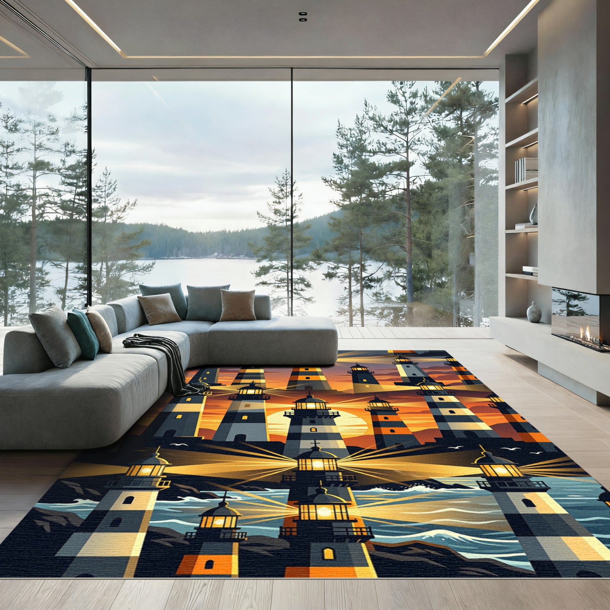Glowing Golden Sunset Lighthouse Scenic Rug