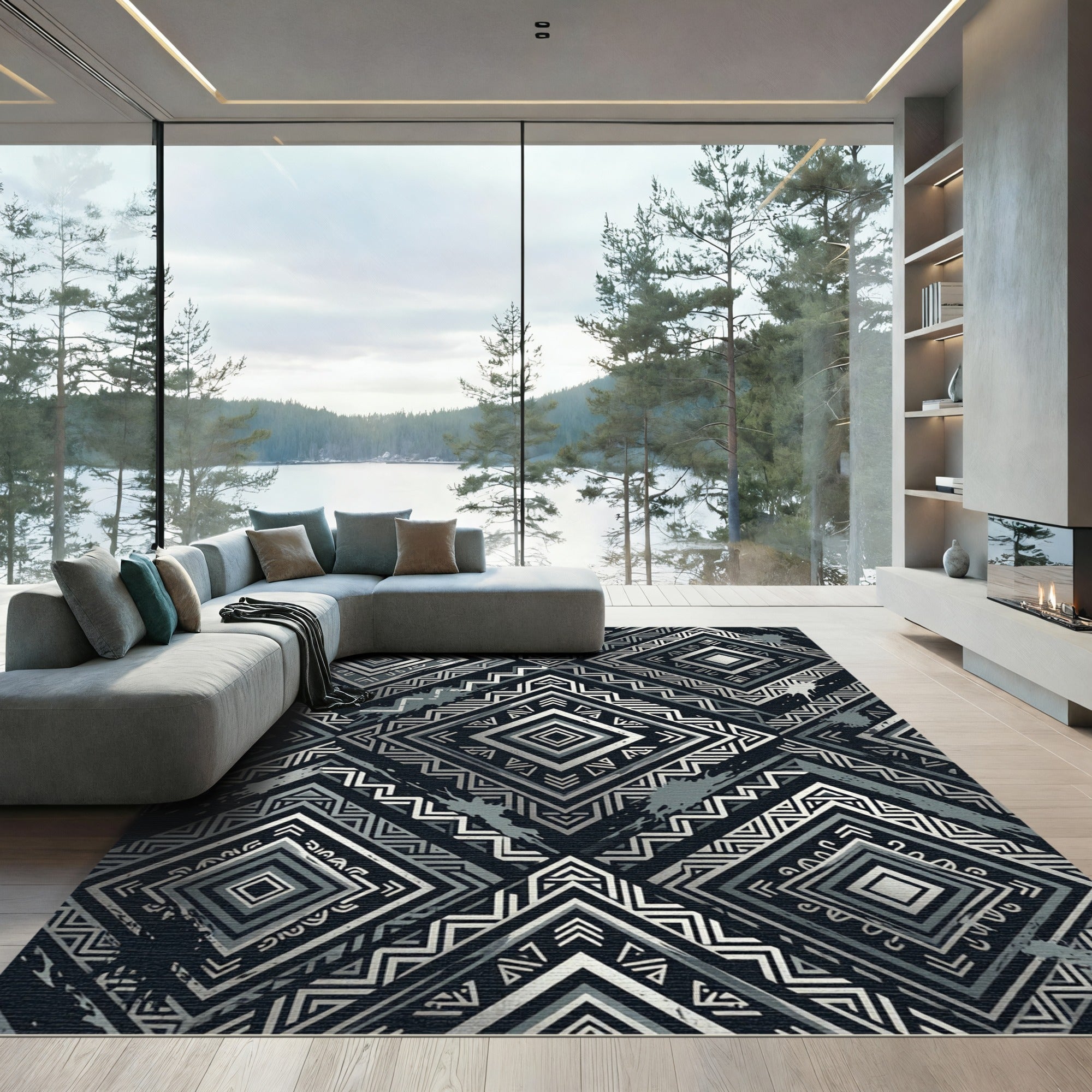 Monochrome Silver Tribal Diamond Geometric Rug