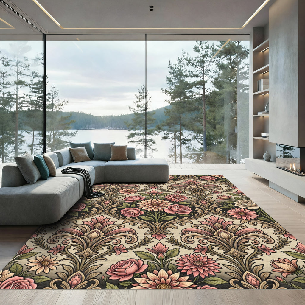 Vintage Rose Floral Damask Scroll Rug