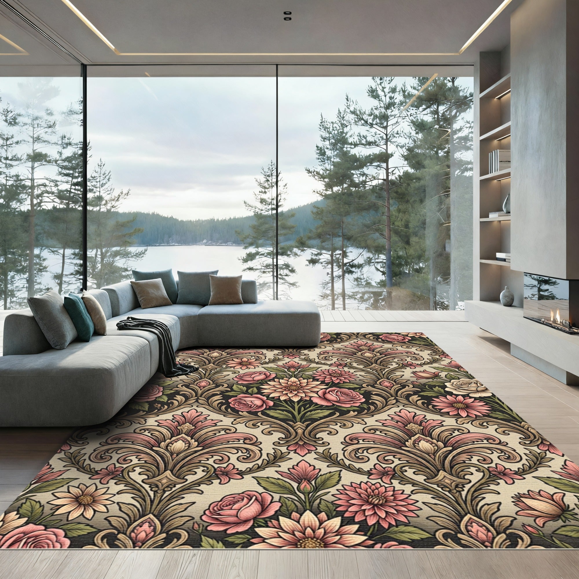 Vintage Rose Floral Damask Scroll Rug