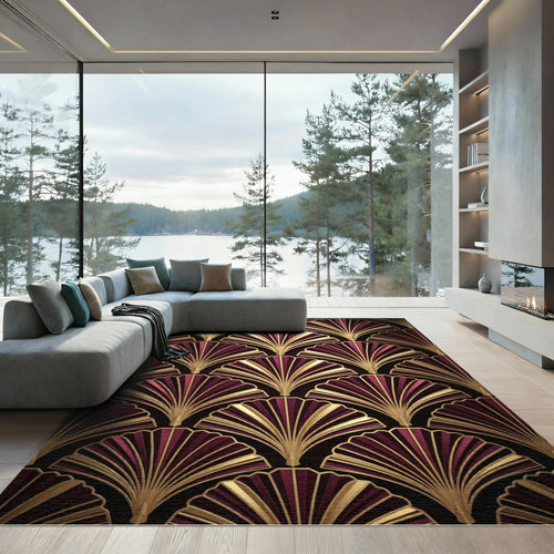 Art Deco Gold and Burgundy Fan Rug