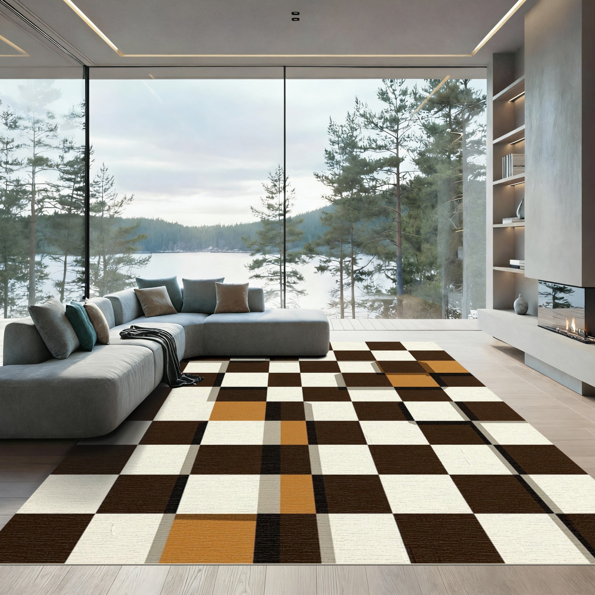 Modern Geometric Checkered Amber Earth Rug