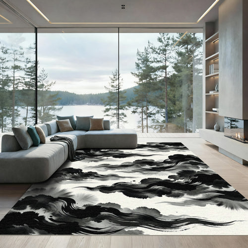Black Ink Wash Cloud Swirl Rug