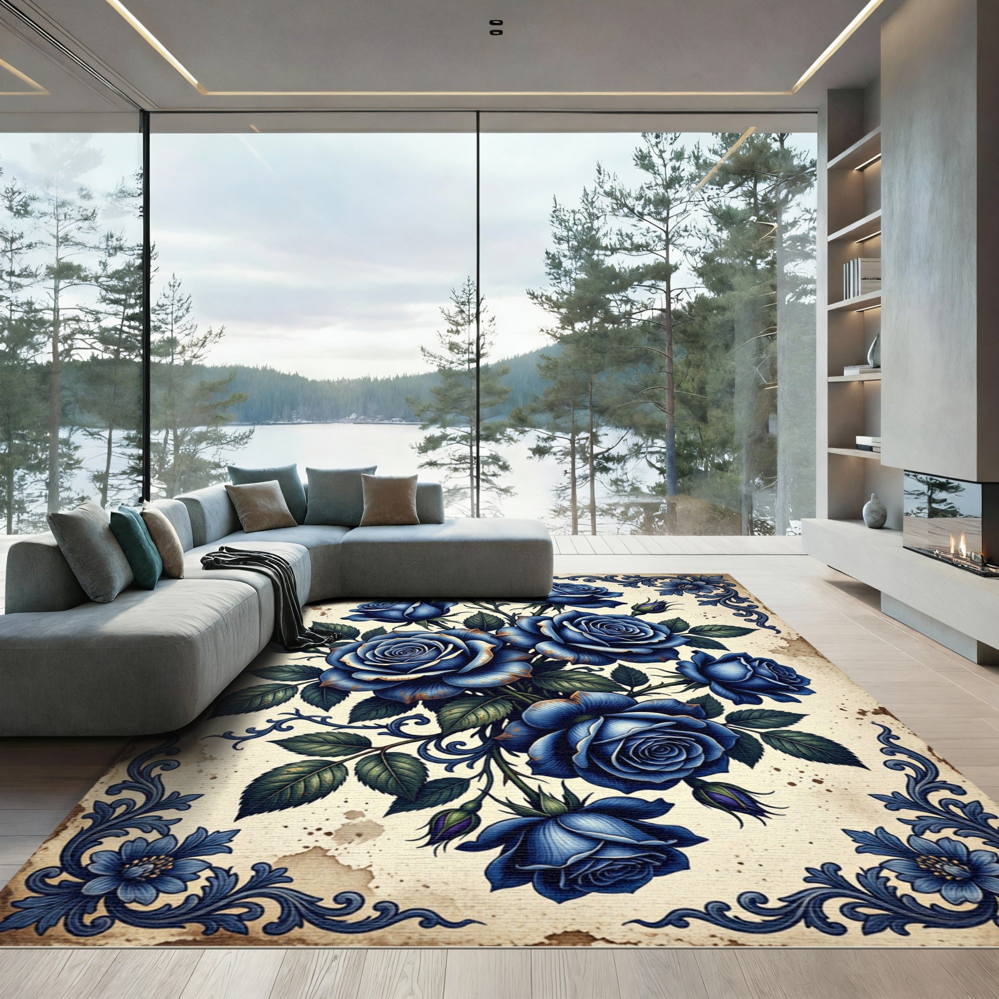 Deep Blue Floral Vintage Accent Rug