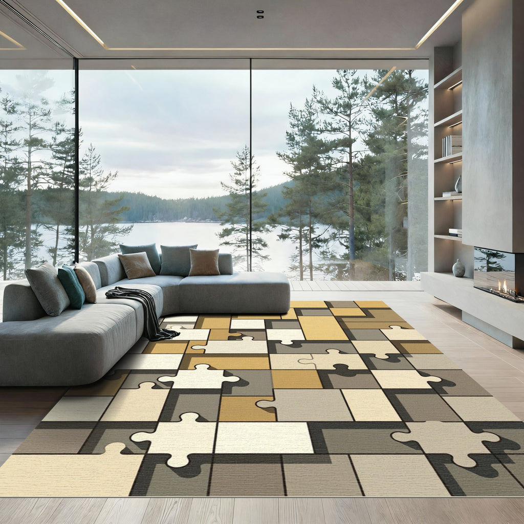 Abstract Puzzle Pieces Neutral Tones Rug