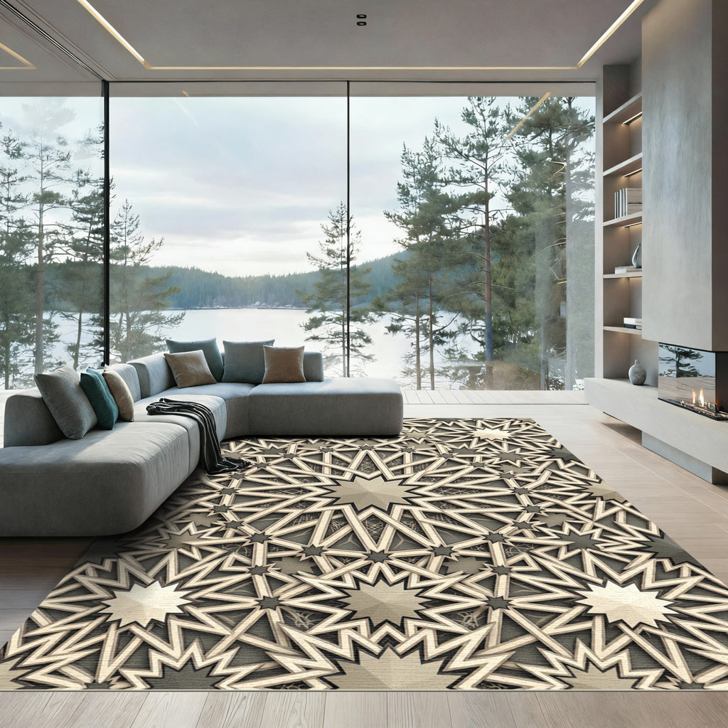Elegant Beige Geometric Star Medallion Rug