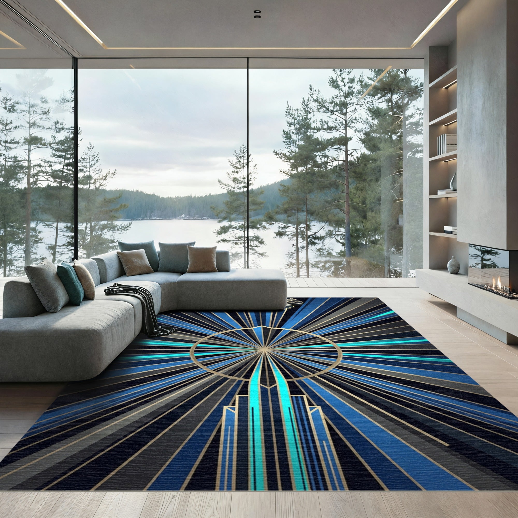 Art Deco Navy Golden Sunburst Radiance Rug