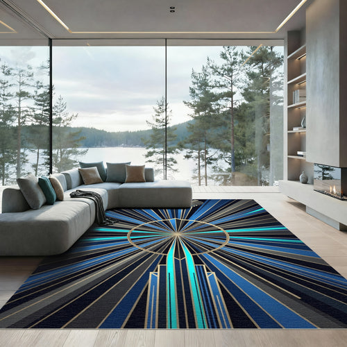 Art Deco Navy Golden Sunburst Radiance Rug