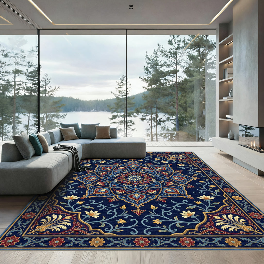 Intricate Navy Floral Medallion Tapestry Rug