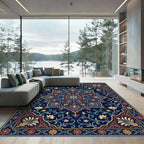 Intricate Navy Floral Medallion Tapestry Rug