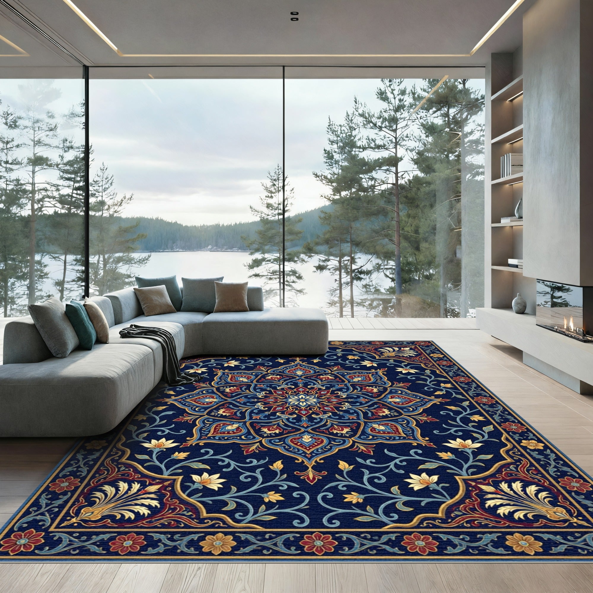 Intricate Navy Floral Medallion Tapestry Rug