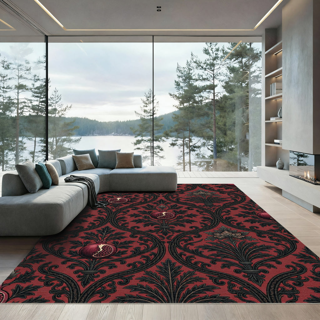 Gothic Pomegranate Damask Burgundy Area Rug
