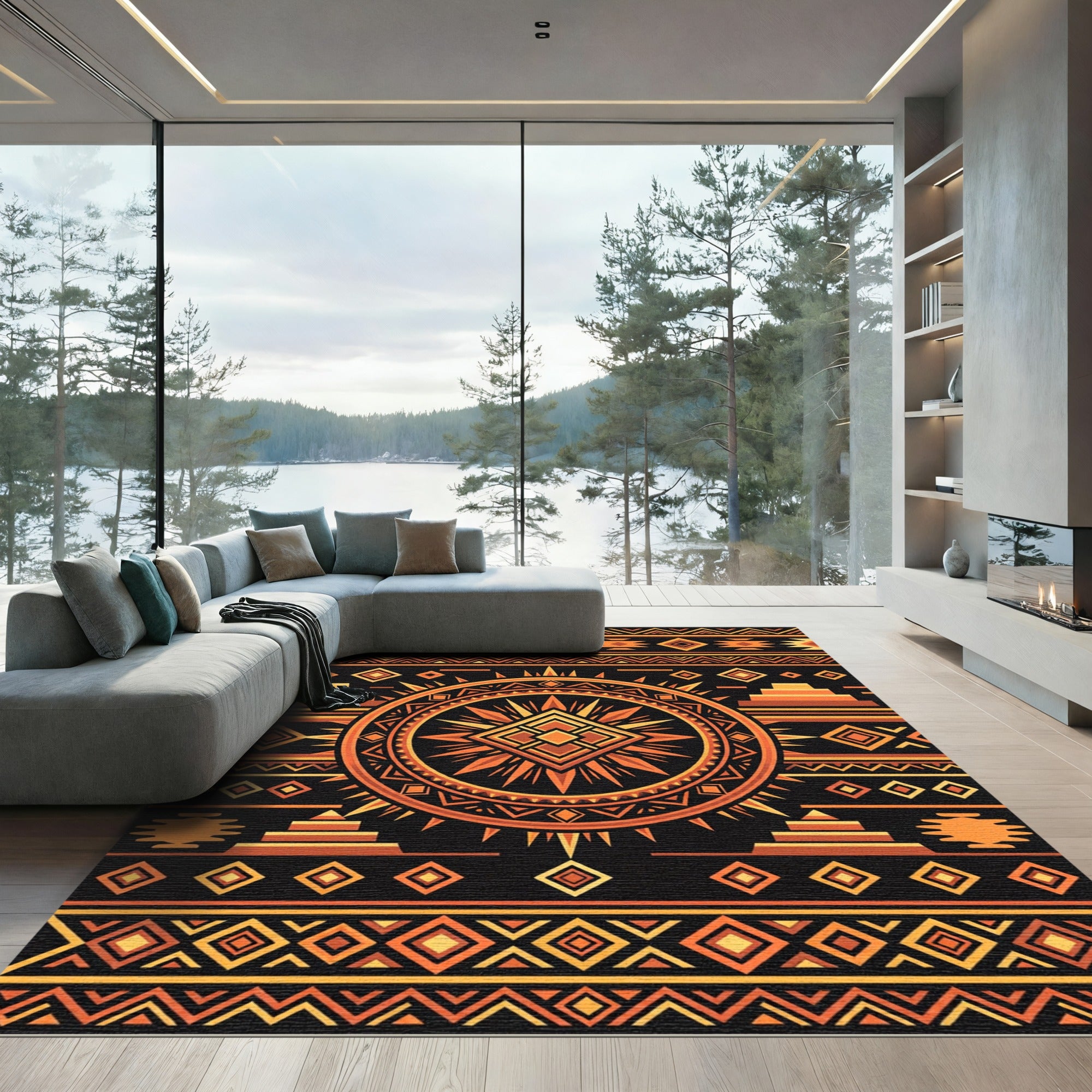 Bold Sunburst Aztec Geometric Earthy Rug
