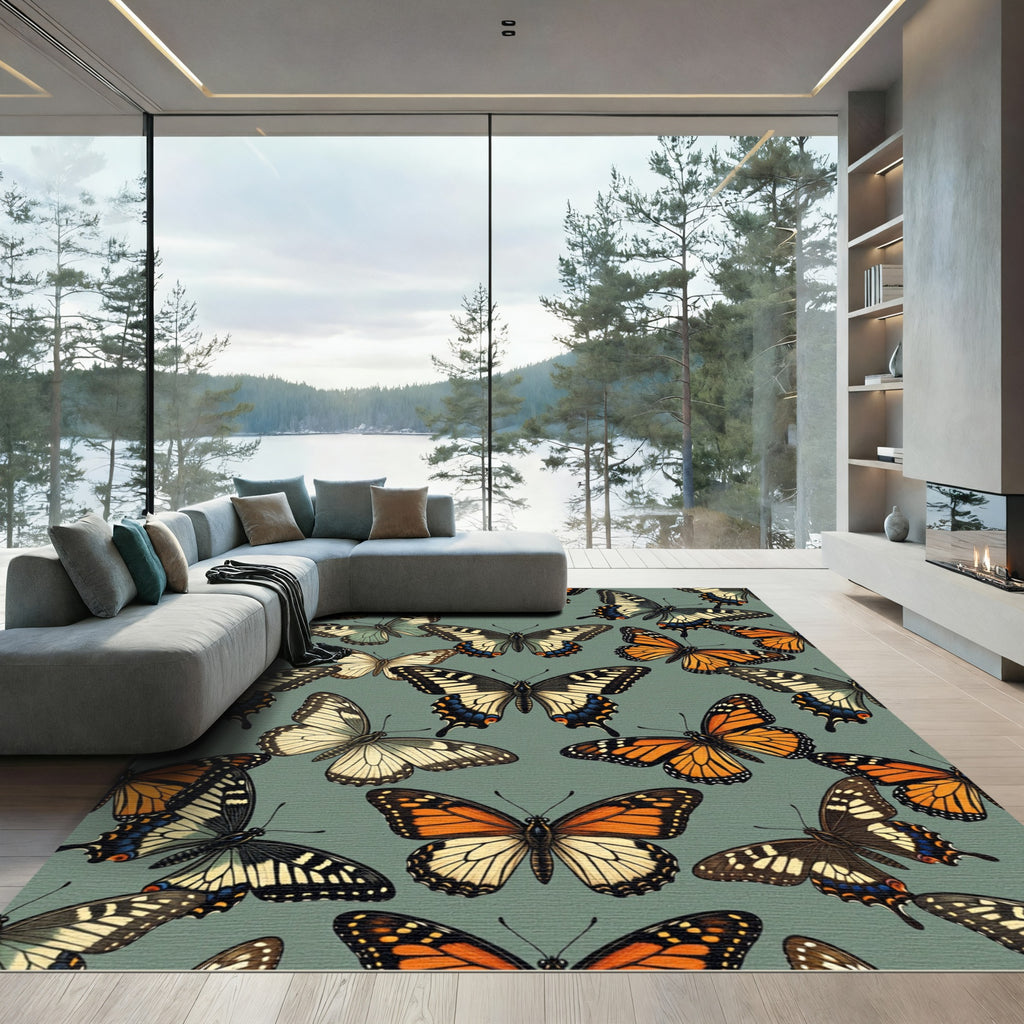 Sage Green Monarch Butterfly Garden Rug
