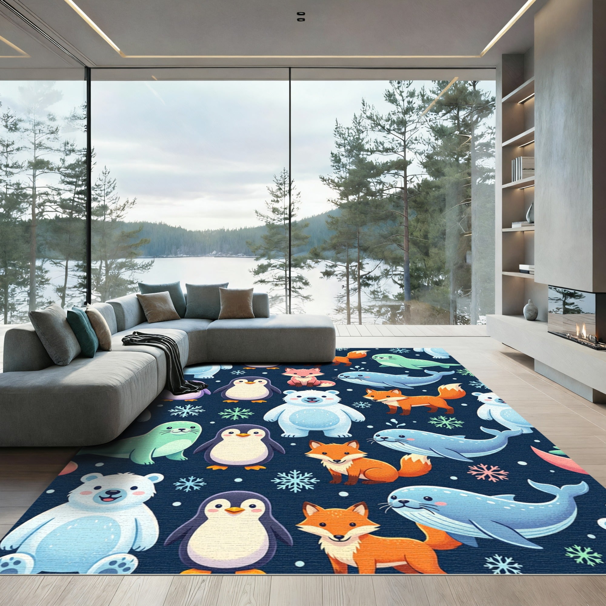 Playful Winter Arctic Animal Navy Backdrop Rug