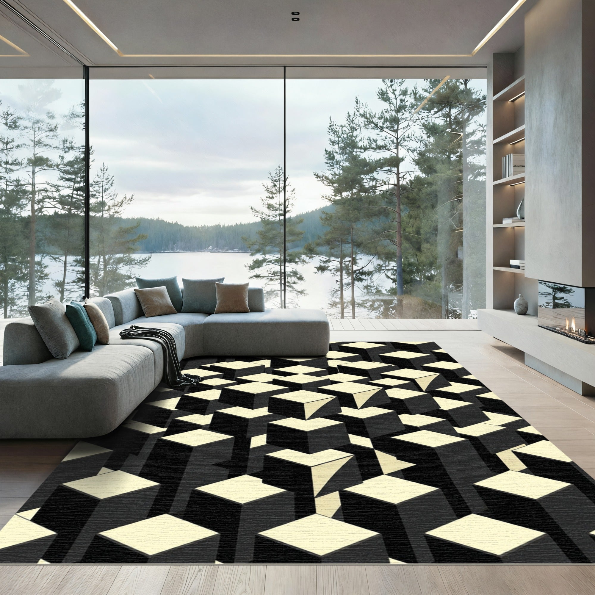 Monochrome Geometric Three Dimensional Isometric Cube Rug