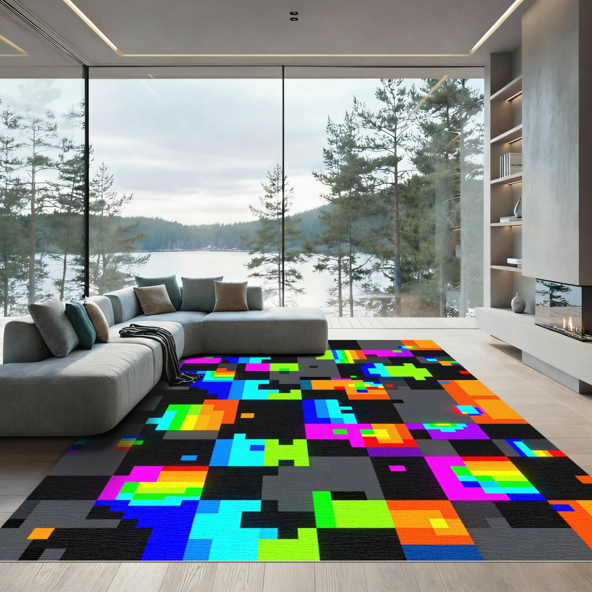 Vibrant Neon Pixelated Abstract Grid Rug