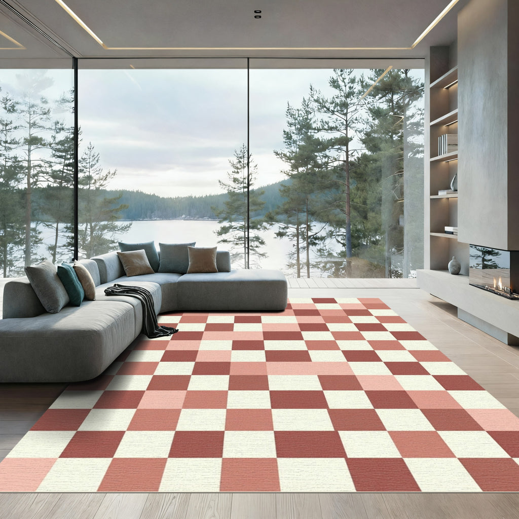 Modern Blush and Terracotta Checkerboard Rug
