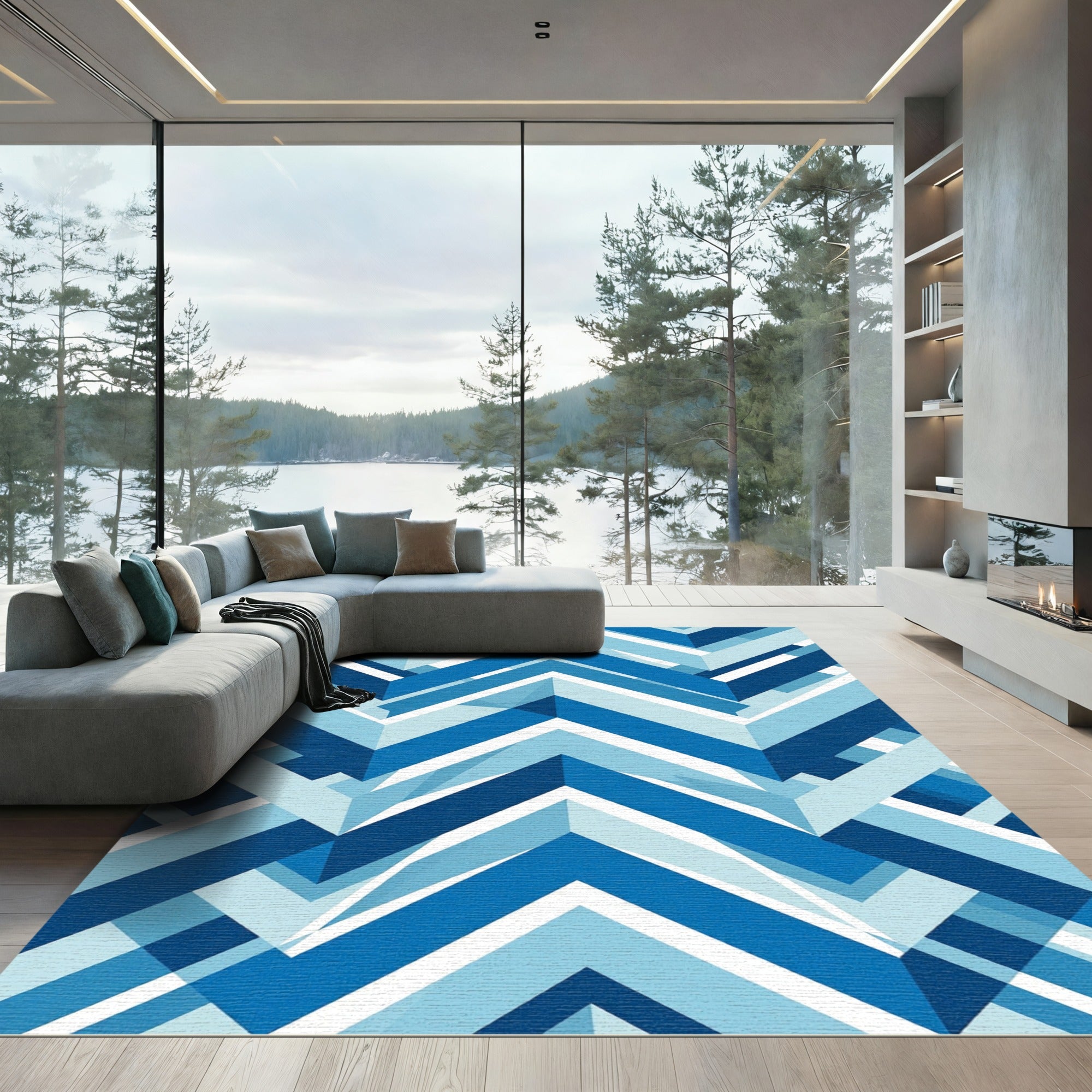 Modern Geometric Blue Chevron Statement Rug