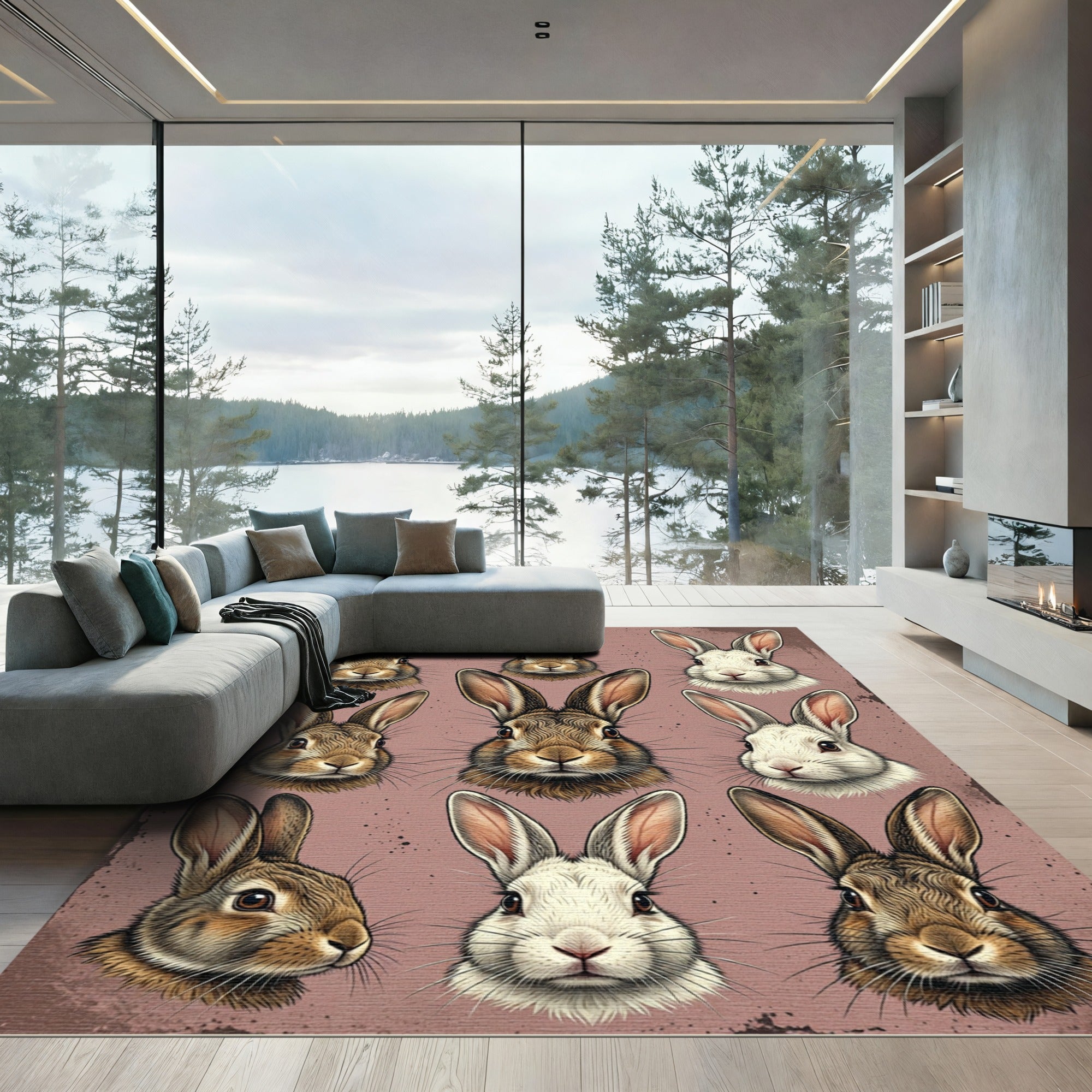 Vintage Rabbit Portrait Gallery Dusty Rose Rug