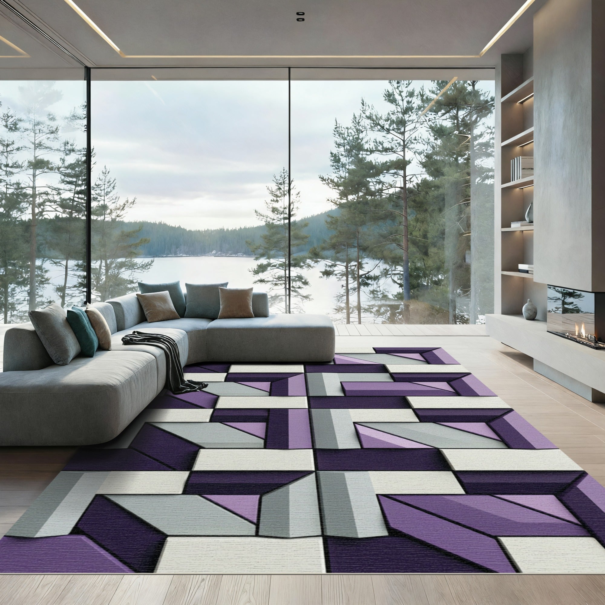 Geometric Purple Gray Diamond Blocks Rug