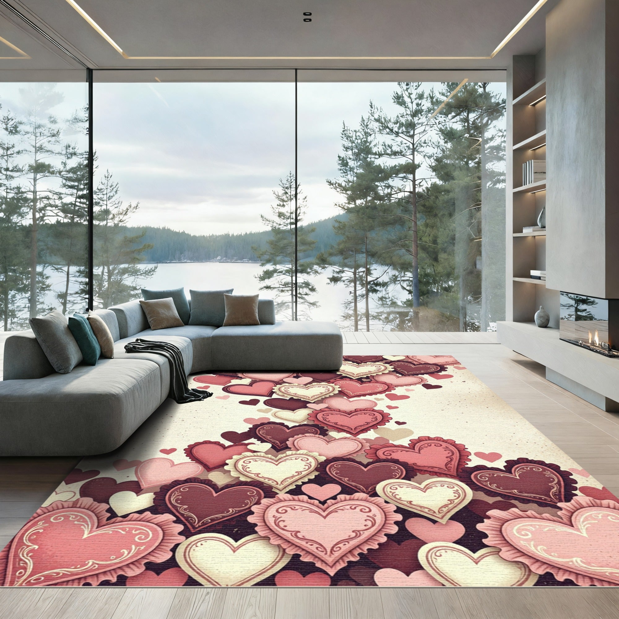 Whimsical Cascading Romantic Valentine Heart Rug