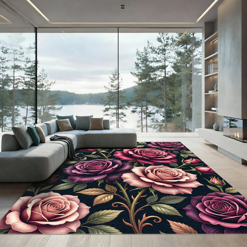 Enchanted Dark Rose Botanical Bouquet Rug