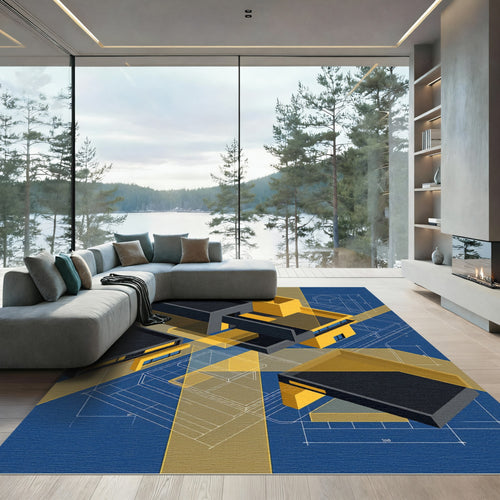 Architectural Blueprint Yellow Geometric Layers Rug