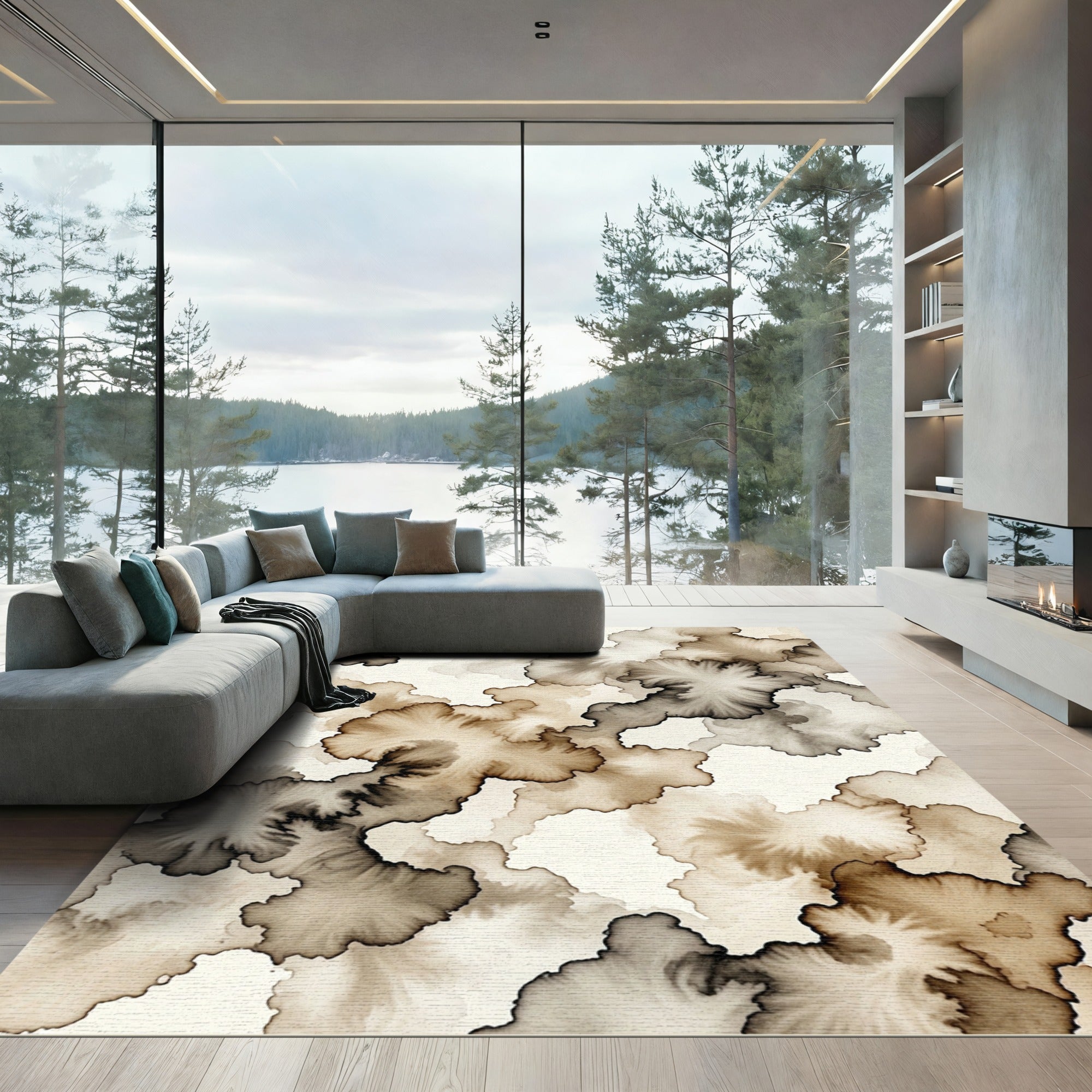 Earthy Brown Watercolor Cloud Shapes Rug