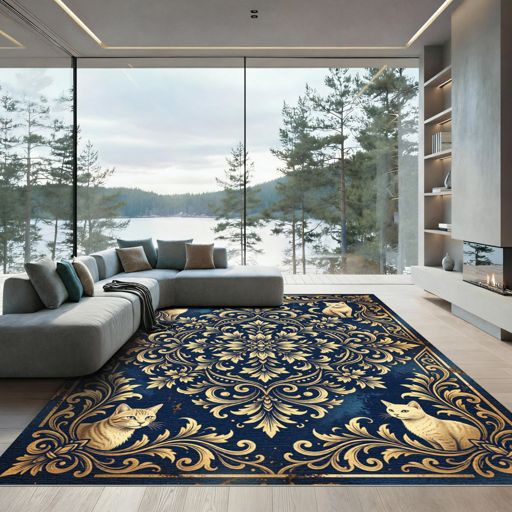 Elegant Navy Gold Baroque Feline Medallion Rug