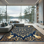 Elegant Navy Gold Baroque Feline Medallion Rug