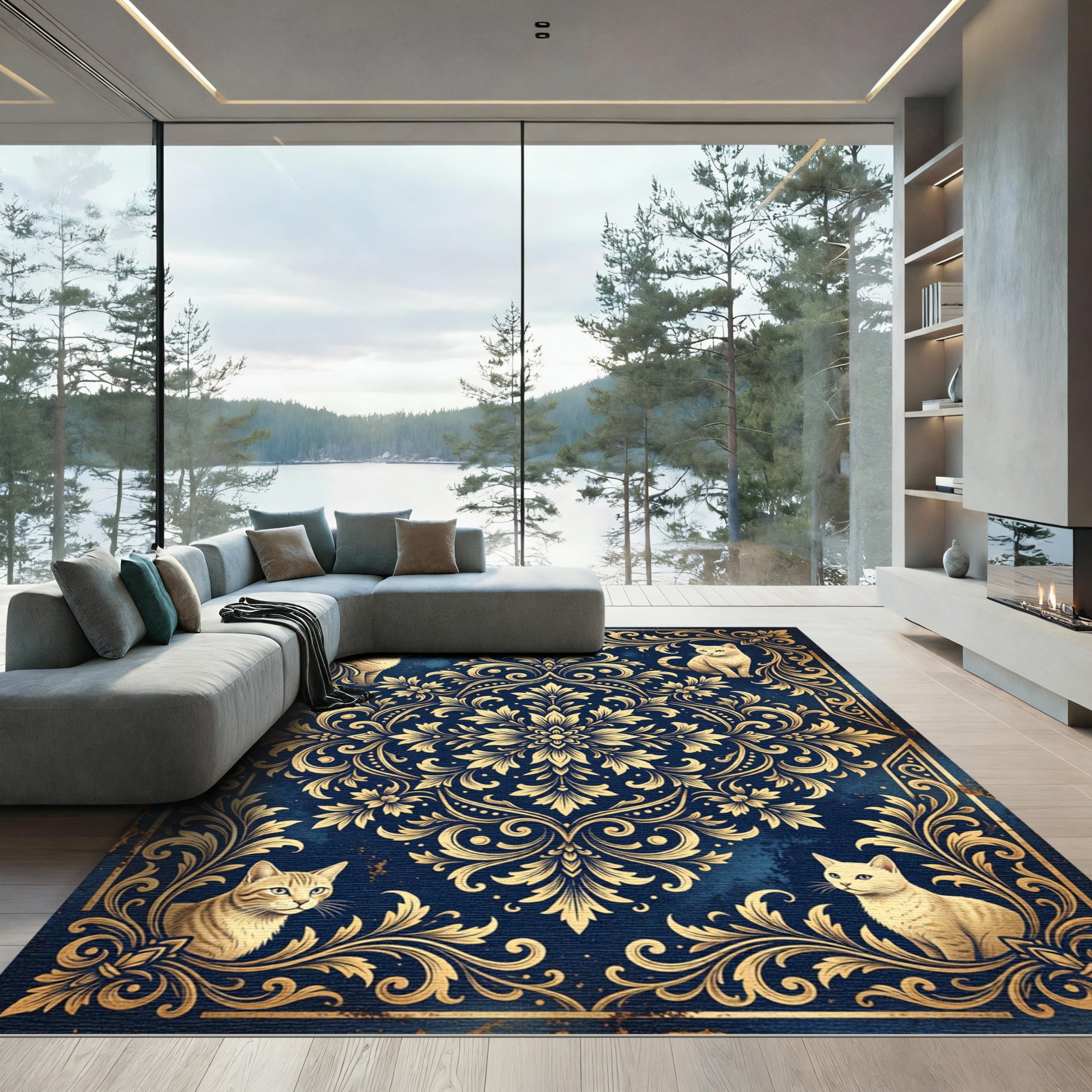 Elegant Navy Gold Baroque Feline Medallion Rug