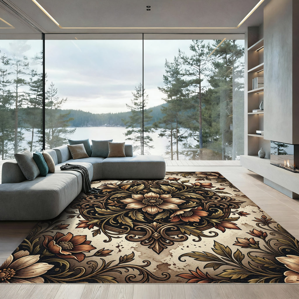 Antique Sepia Botanical Scroll Rug