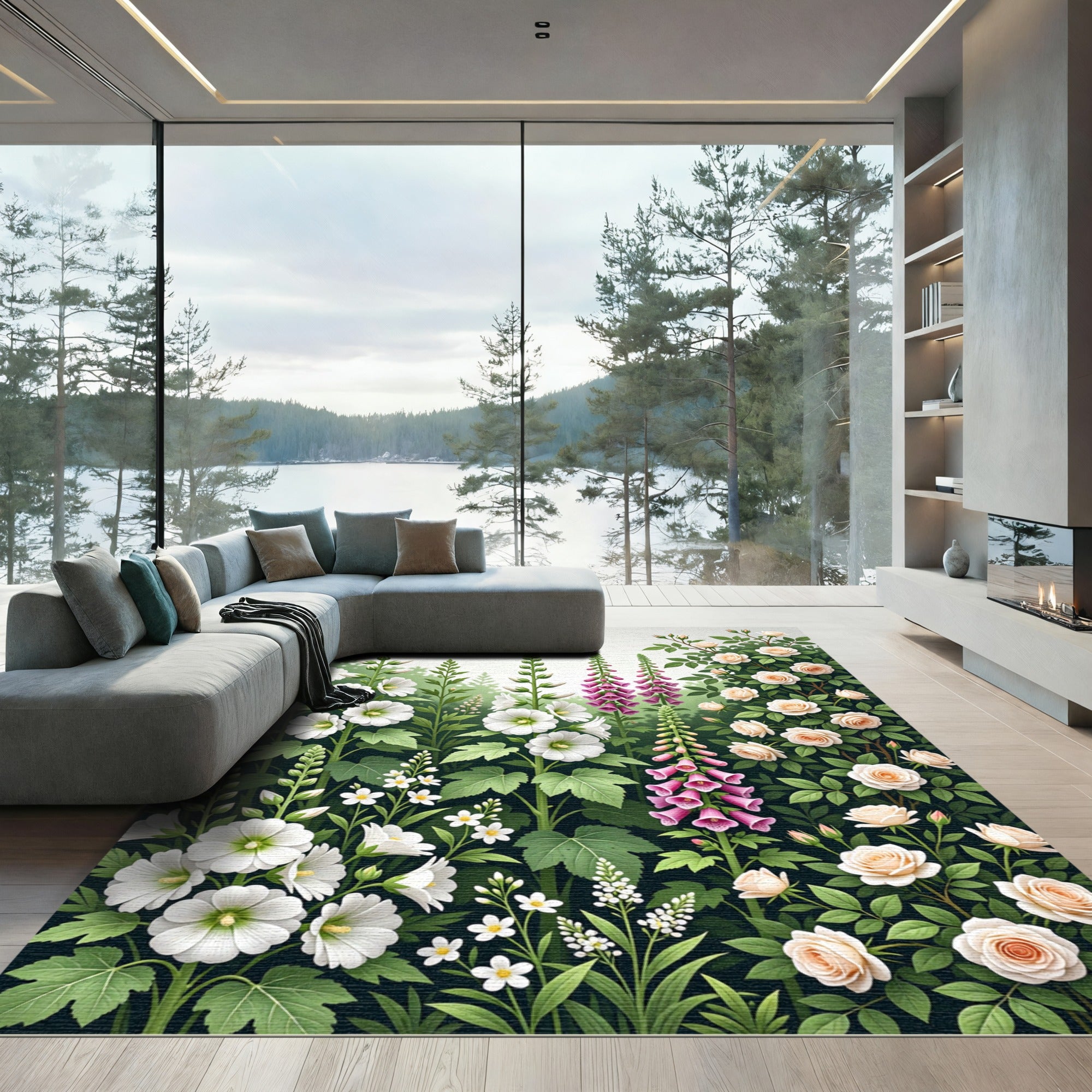 Whimsical Garden Bloom Rose Hollyhock Rug