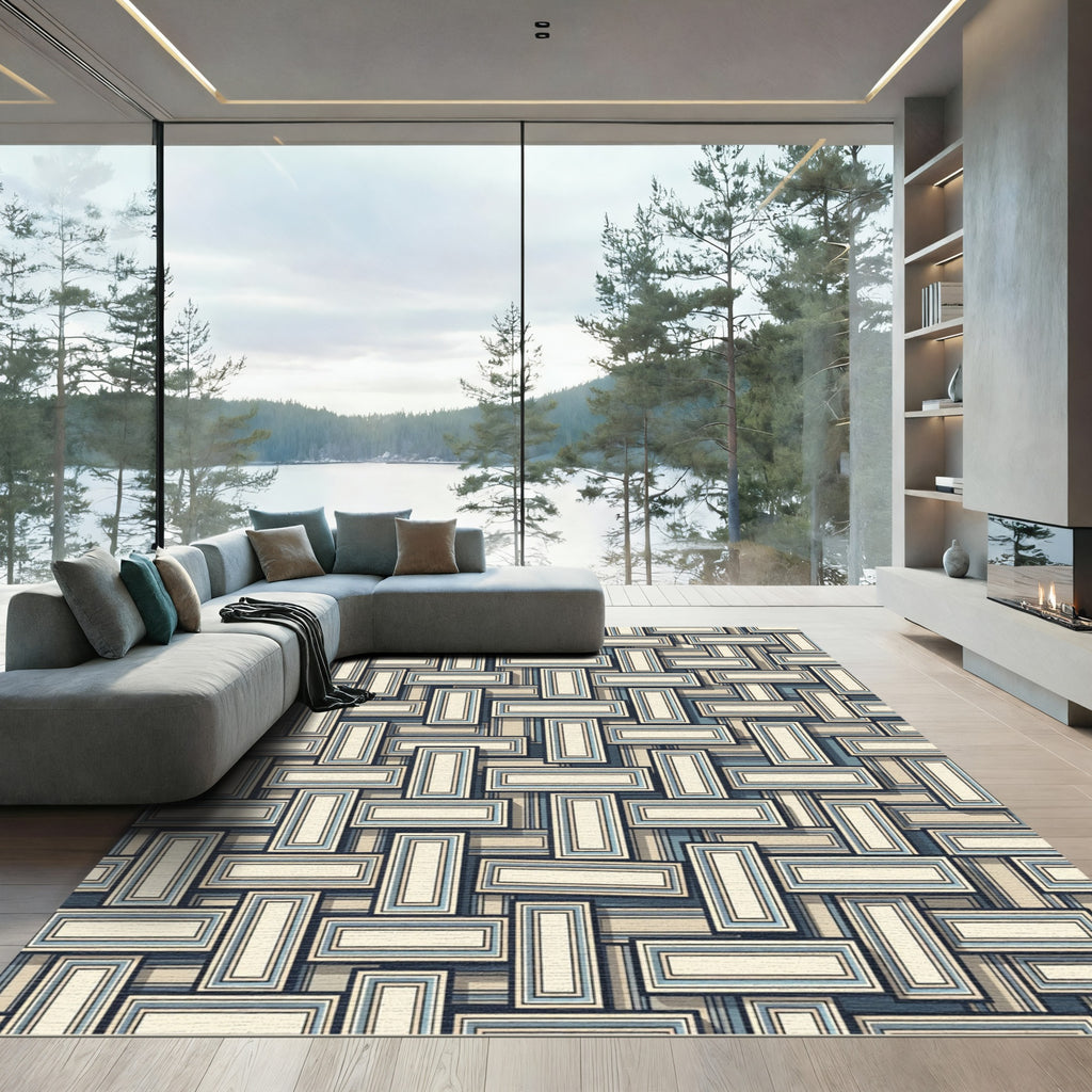 Geometric Beige and Blue Interlocking Block Rug