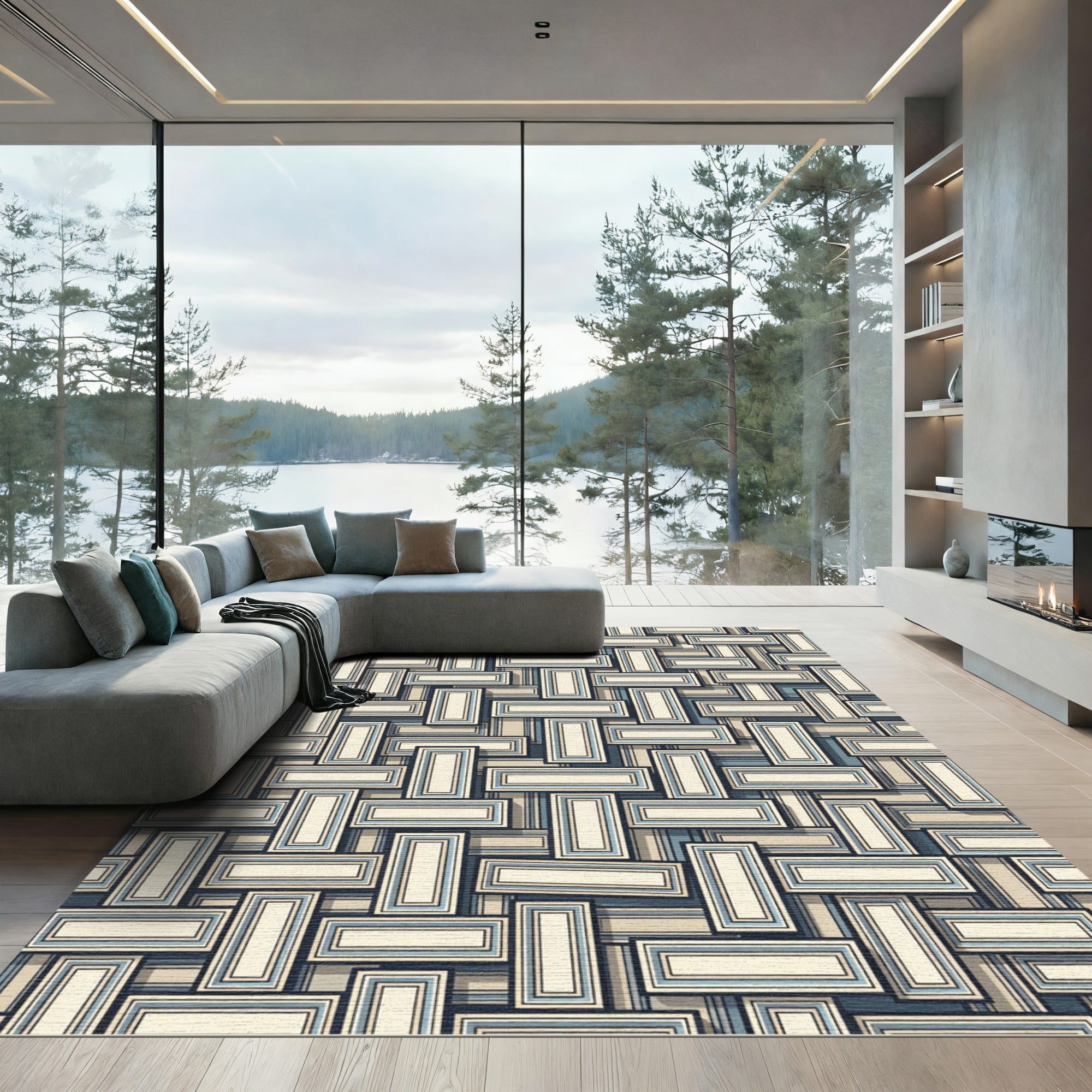 Geometric Beige and Blue Interlocking Block Rug