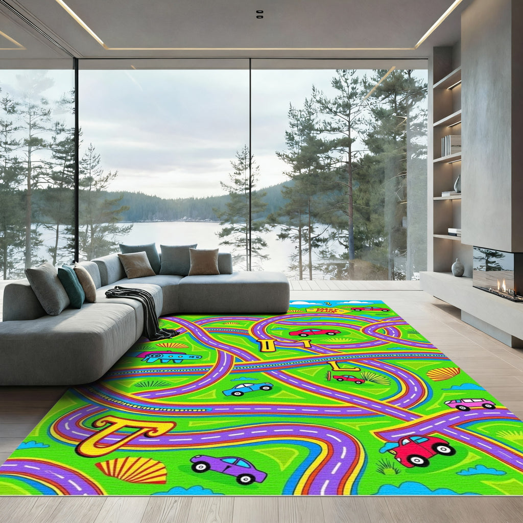 Vibrant Road Trip Car Collage Rug