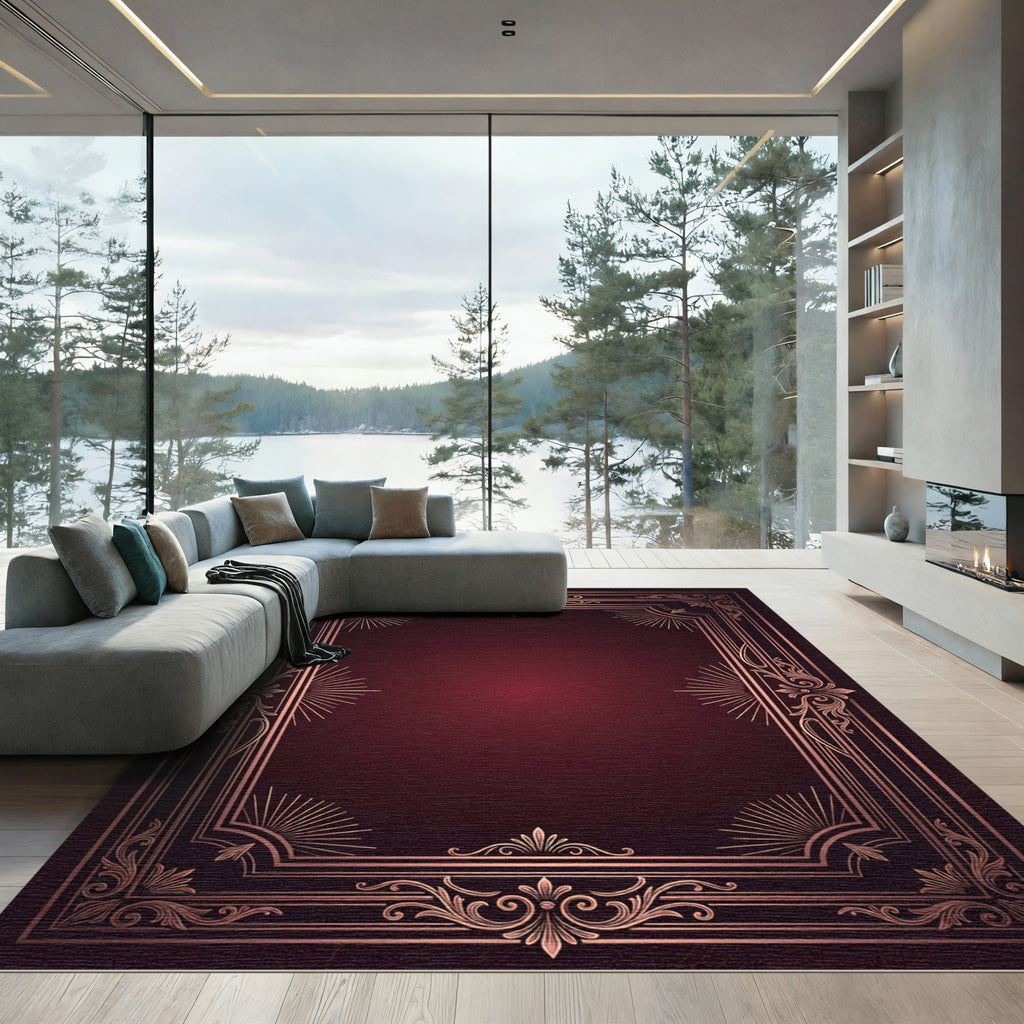 Ornate Burgundy Copper Filigree Frame Rug