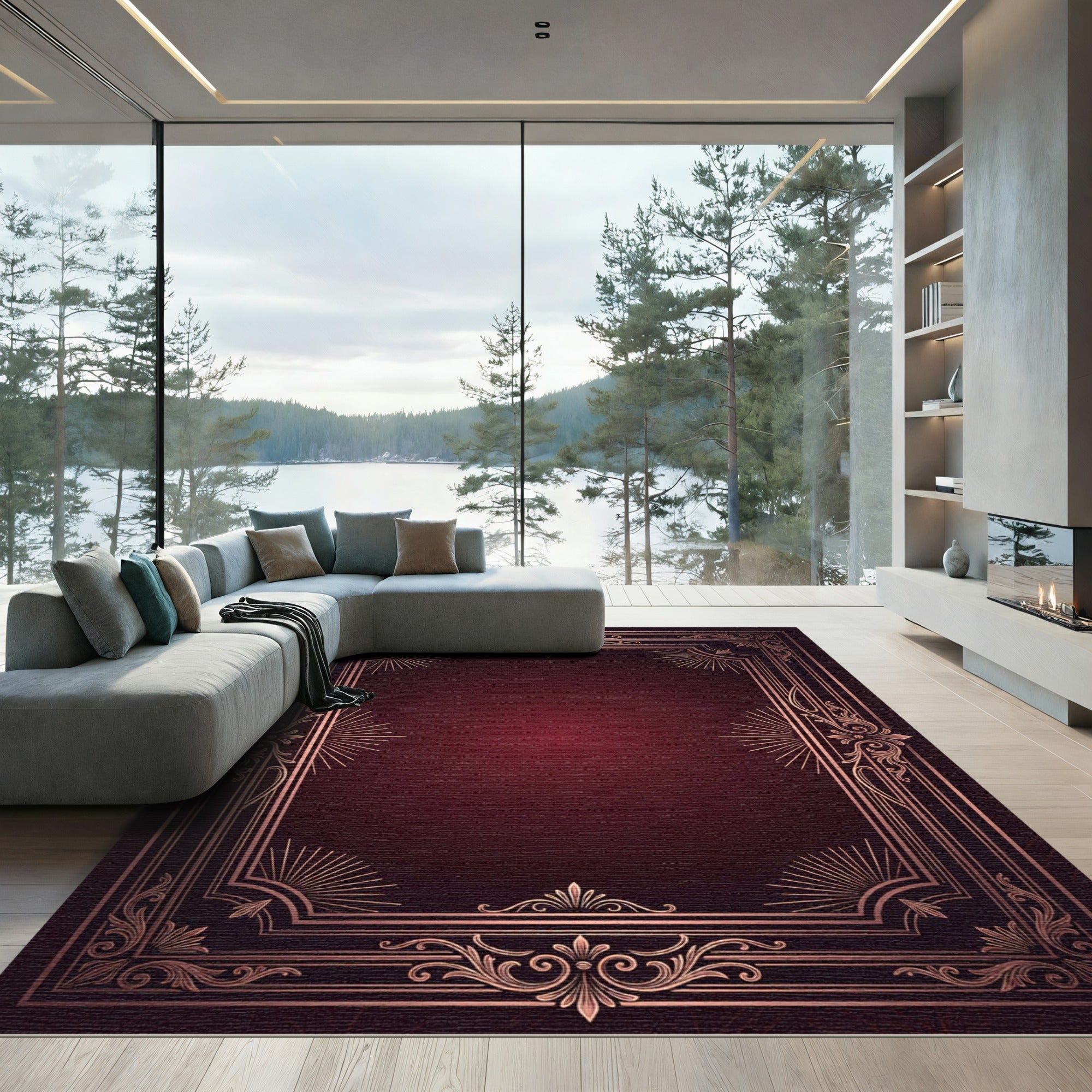 Ornate Burgundy Copper Filigree Frame Rug