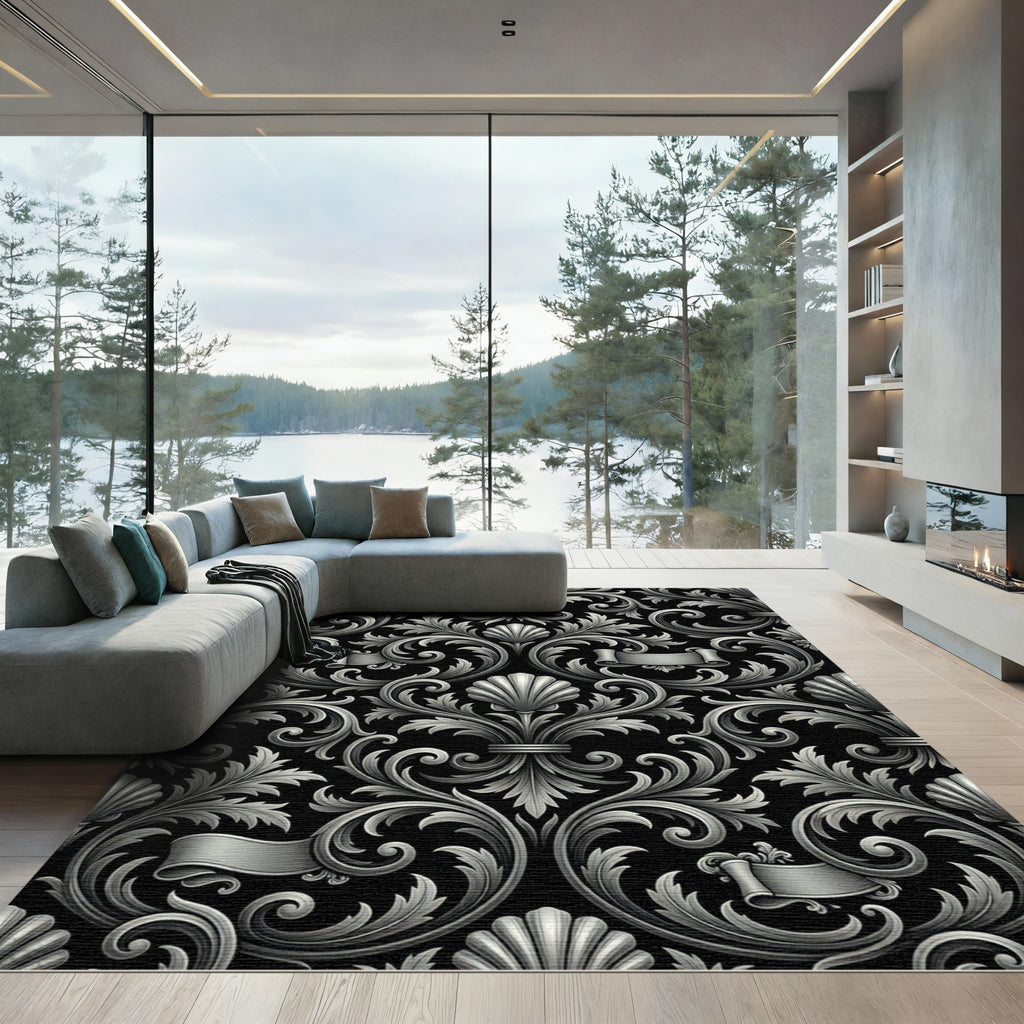 Ornate Silver Scrollwork Floral Rug