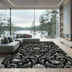 Ornate Silver Scrollwork Floral Rug