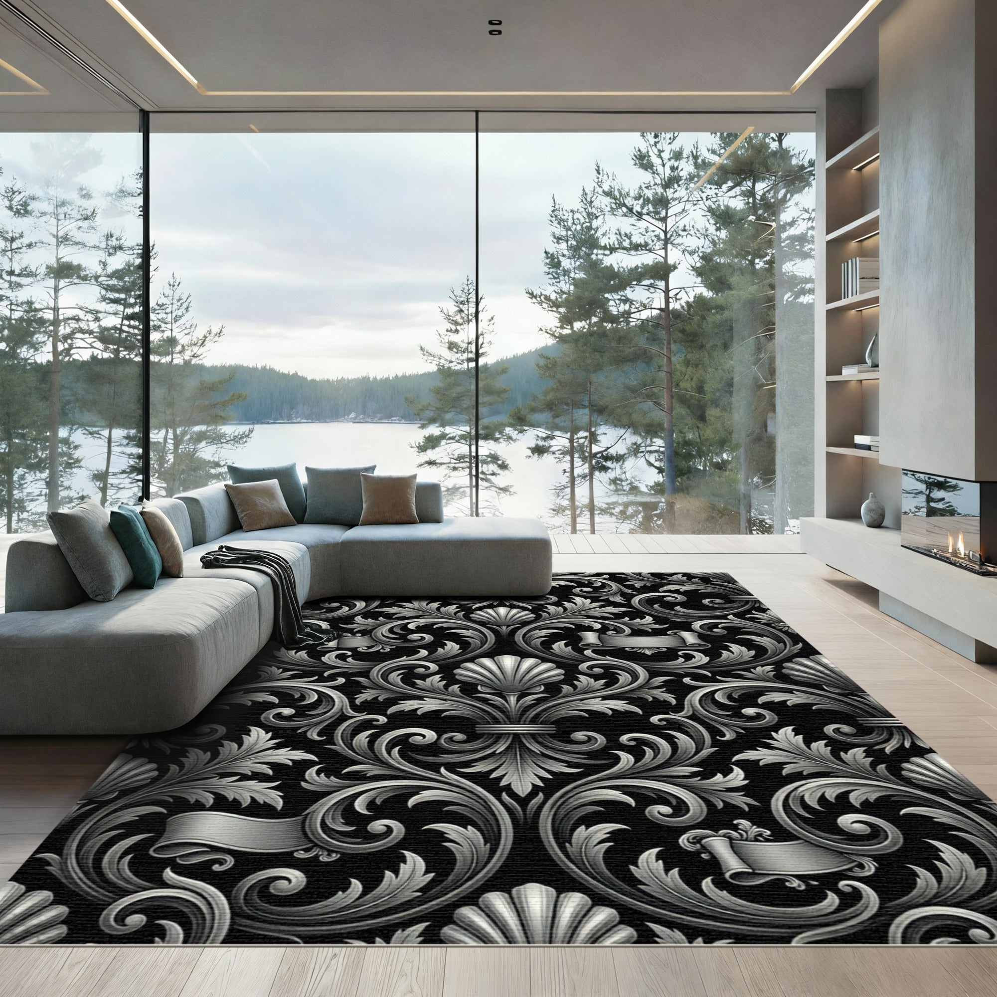 Ornate Silver Scrollwork Floral Rug