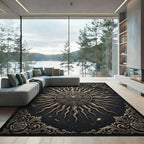 Ornate Golden Solar Medallion Black Rug