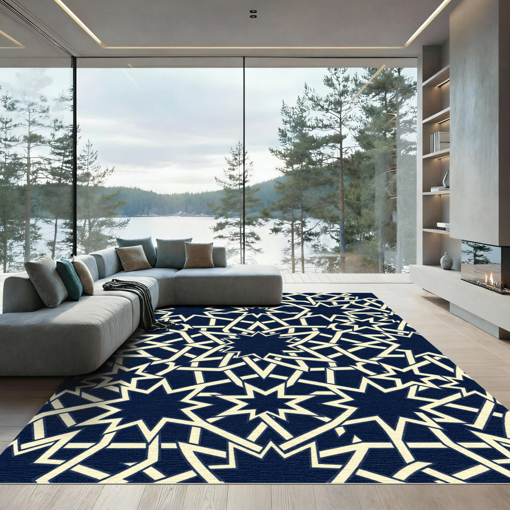 Navy Geometric Star Interlocking Lattice Rug