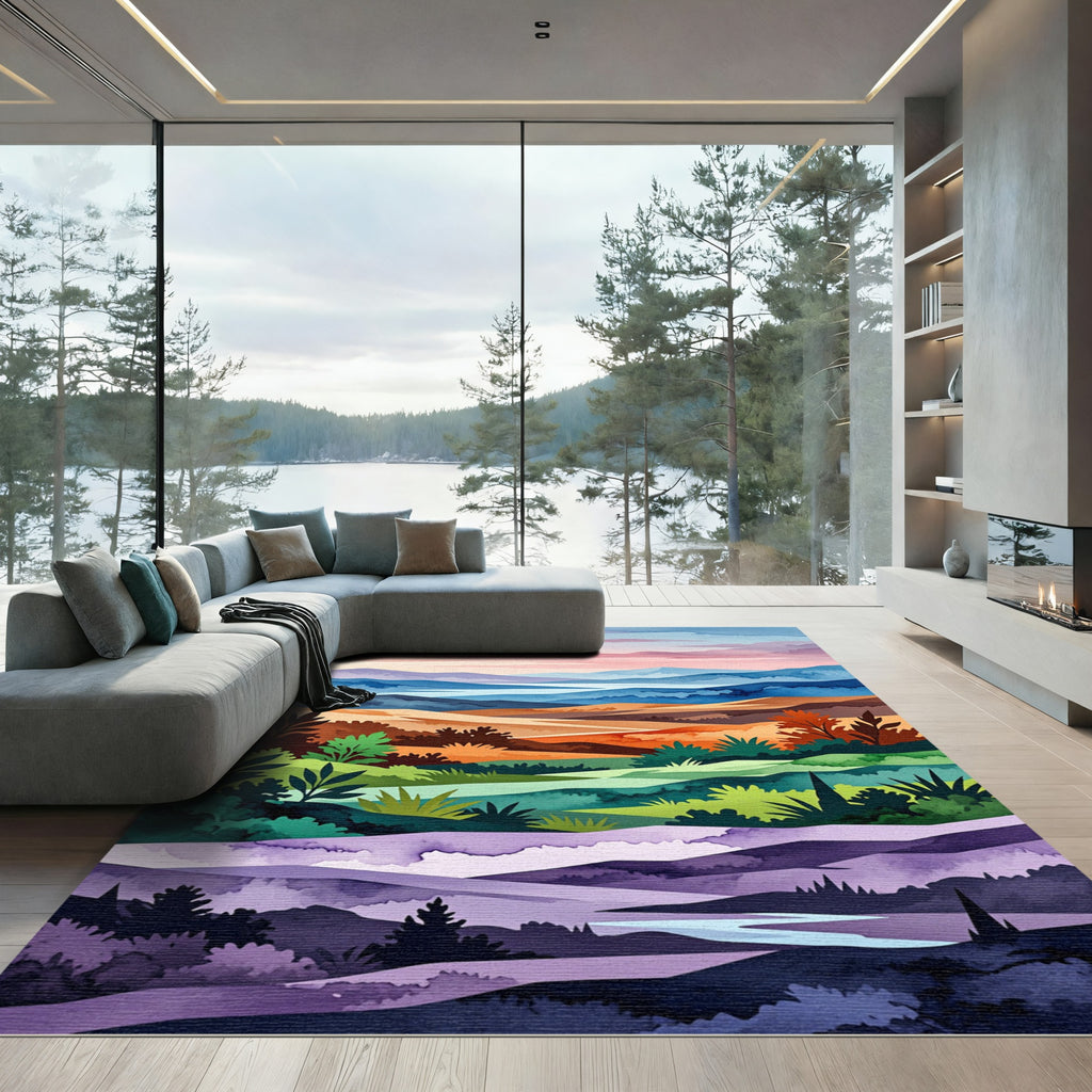 Watercolor Mountain Sunset Landscape Rug