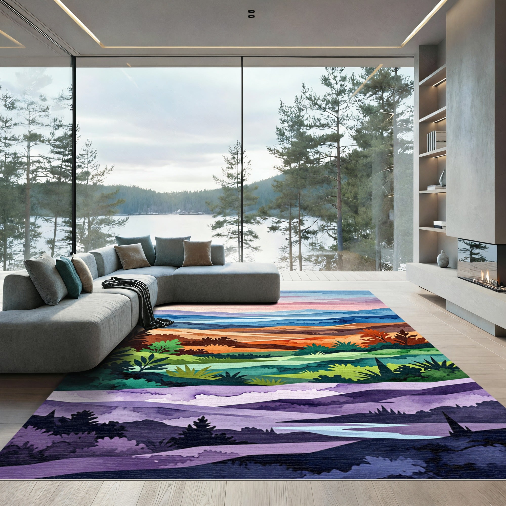 Watercolor Mountain Sunset Landscape Rug