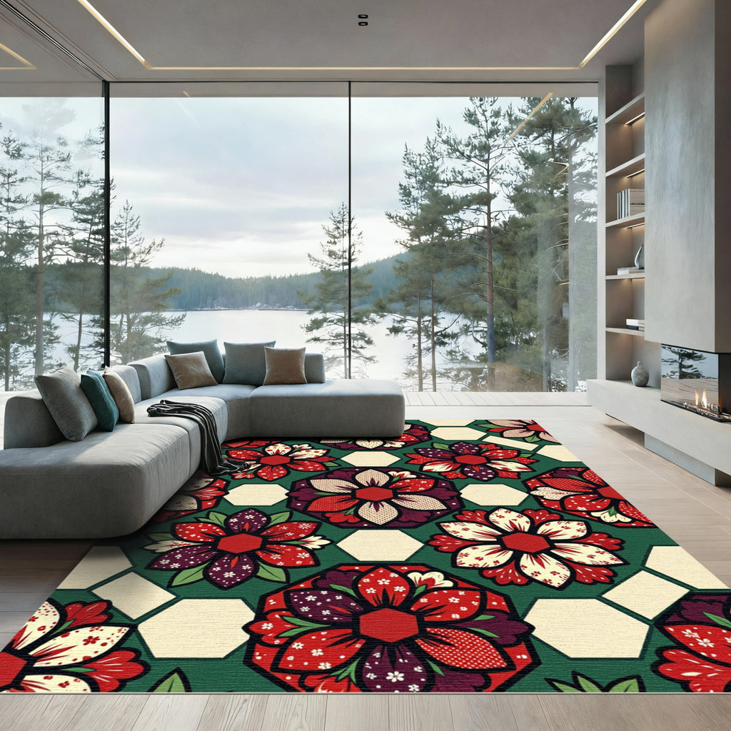 Crimson Red Floral Hexagon Composition Rug