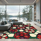 Crimson Red Floral Hexagon Composition Rug