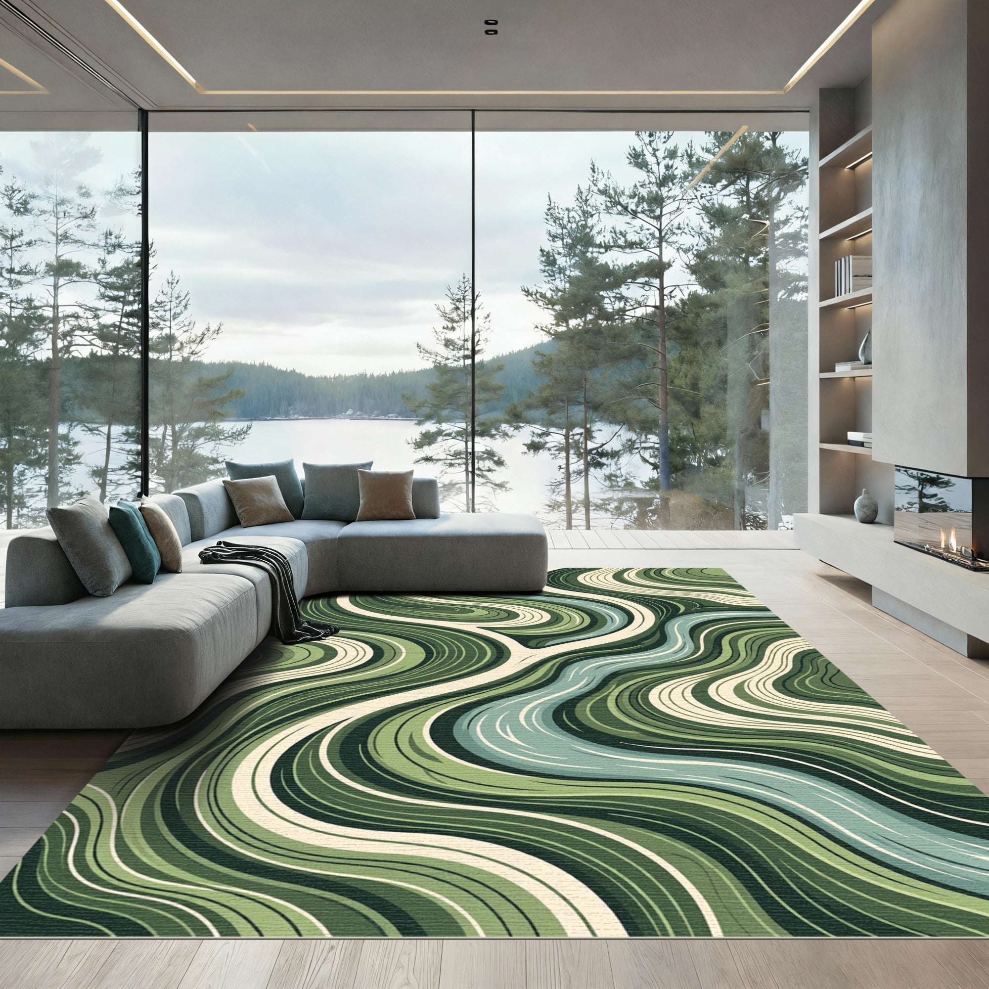 Abstract Sage Green Flowing River Waves Rug